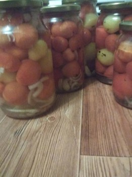 Закатали двух видов, с чесноком и луком. Маринад самый обычный.